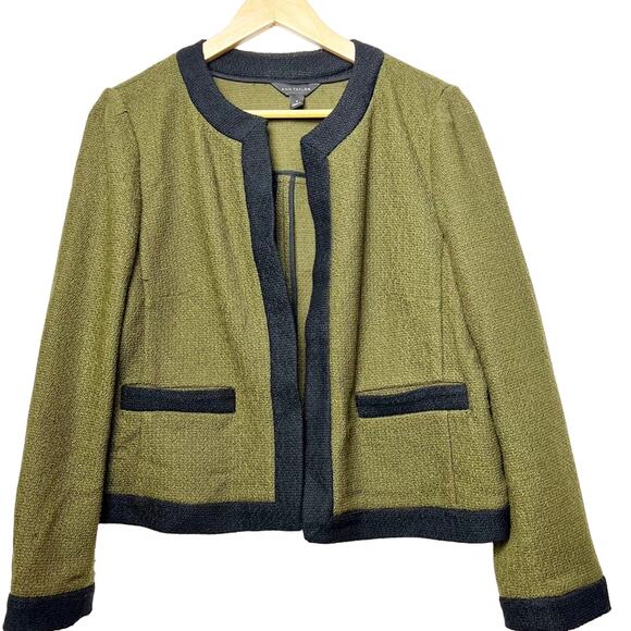 Ann Taylor Olive Green Black Contrast Trim Open Front Nubby Cropped Jacket Med - Picture 1 of 16